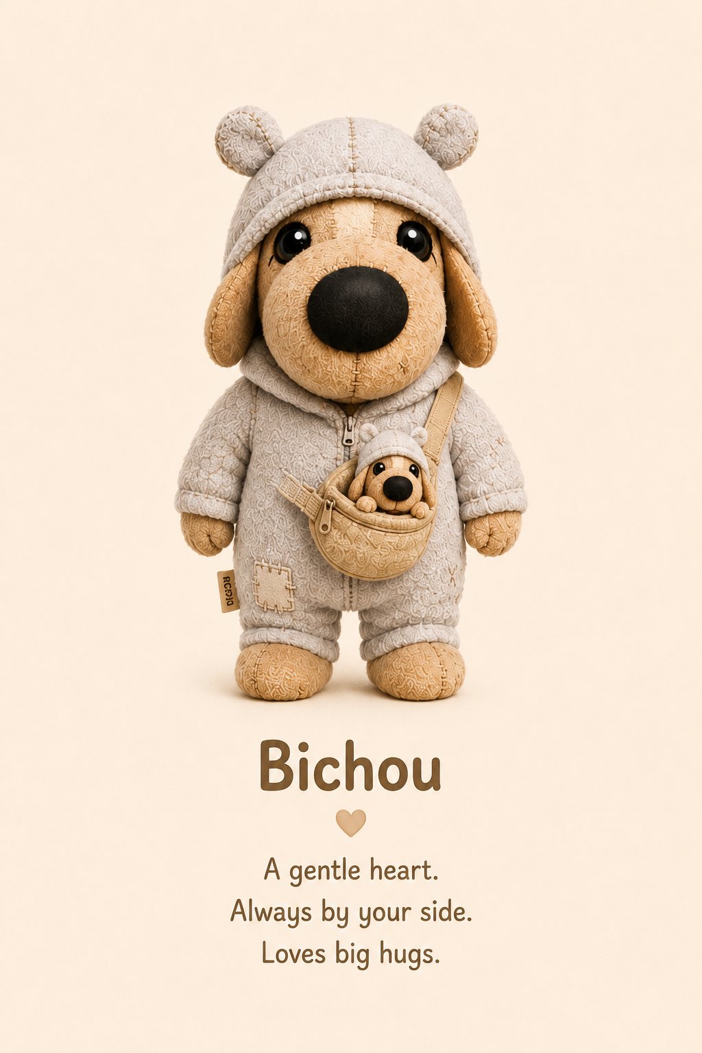 Bichou — the gentle plush dog with his fanny pack and mini-Bichou