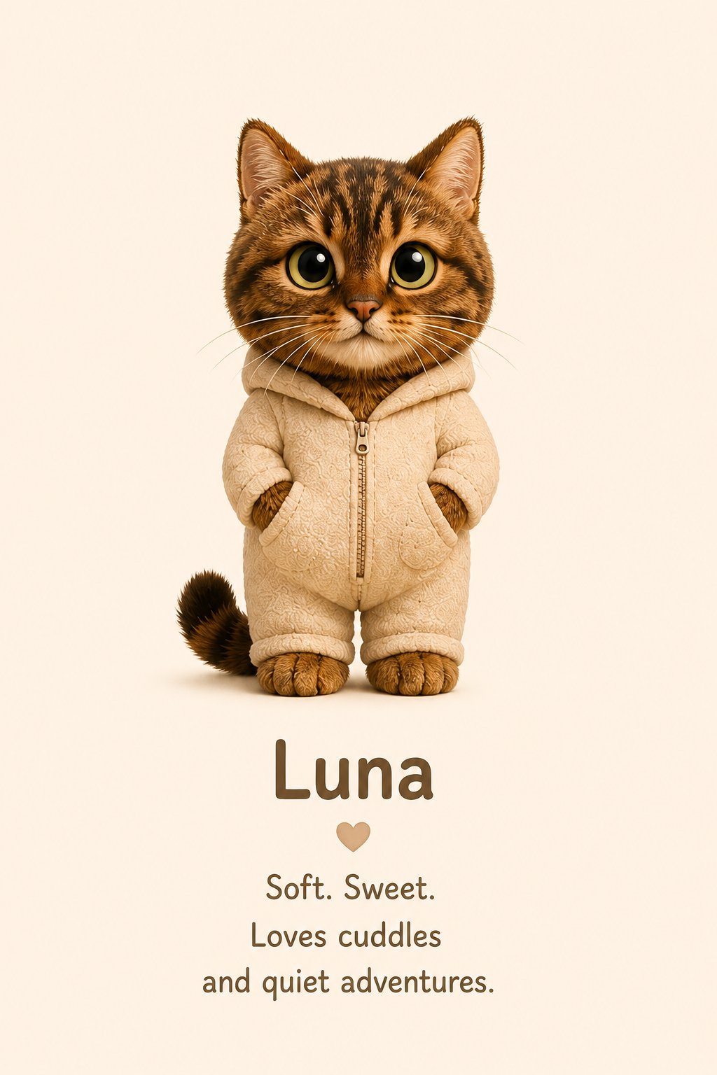 Luna — the tabby cat in her cream onesie