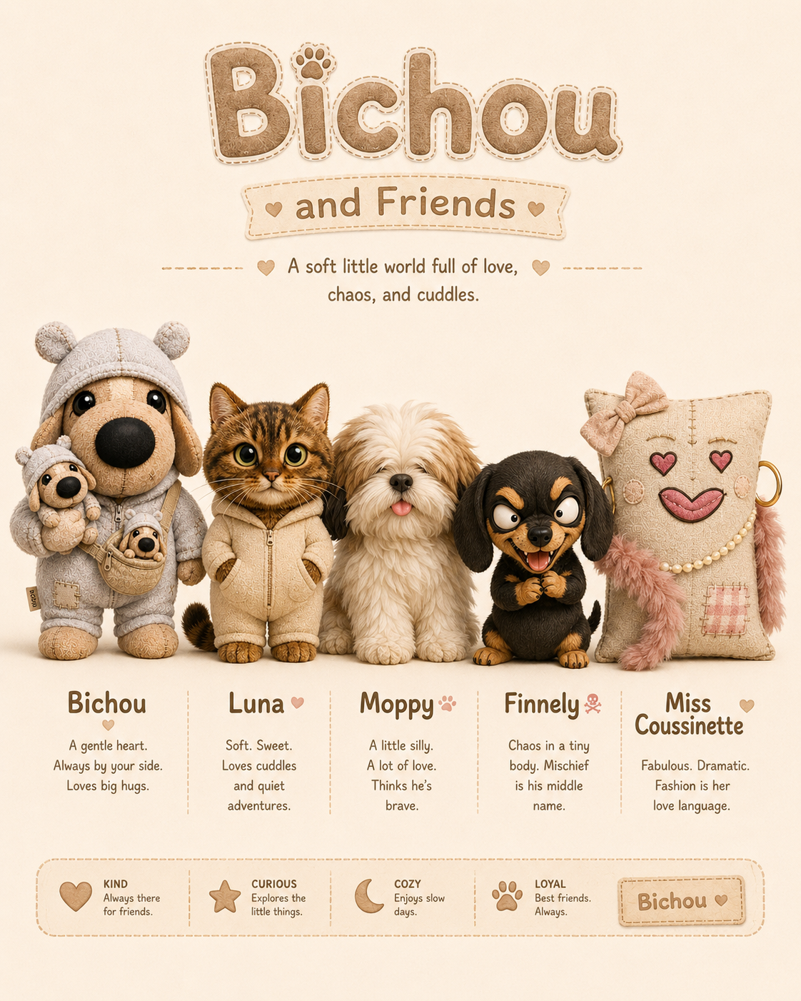 Bichou, Luna, Moppy, Finnely and Miss Coussinette