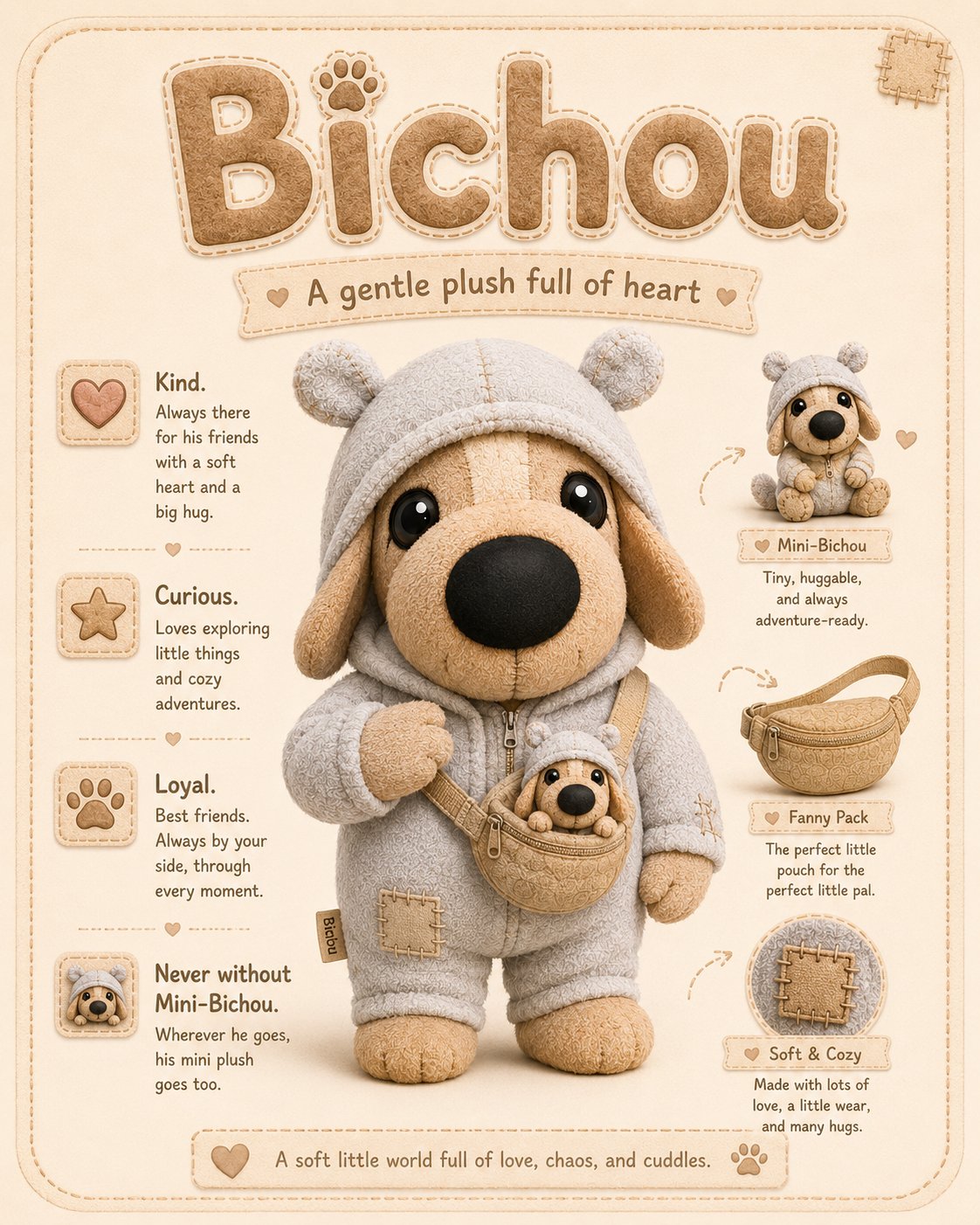 Bichou character sheet showing turnaround views, expressions, and outfit collection